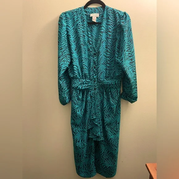 Vintage French 80s Herle Folle Paris Animal Tiger Print Dress - Picture 3 of 8